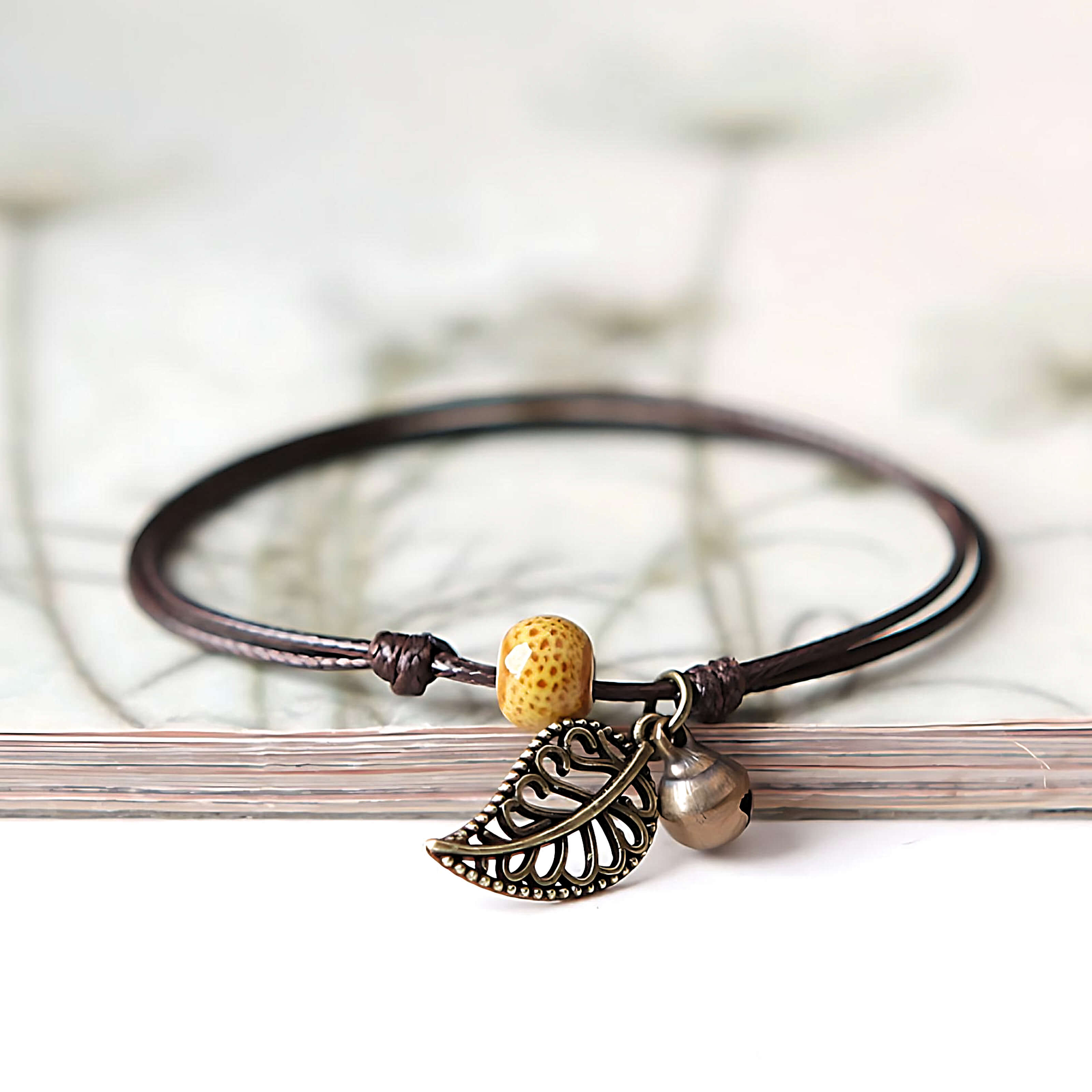 Anklet Wooden Pearl and Feather Pendant
